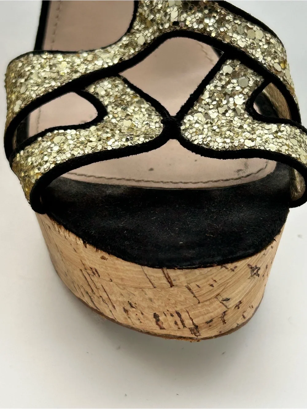 Miu Miu Gold Glitter Cork Platform Wedge Sandals size 39